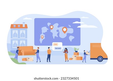 People packing furniture to move abroad vector illustration. Man and woman speaking different languages, workers carrying coach and boxes to truck. Relocation, immigration concept