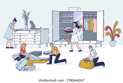 People packing for luggage travel. Young men and women putting clothes and stuff from wardrobe in suitcases preparing clothing for vacation journey or moving to new home. Linear vector illustration