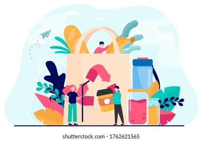 People packing organic food into eco bag, sorting plastic waste for recycling. Vector illustration for eco friendly shopping, sustainable development, environment care concept