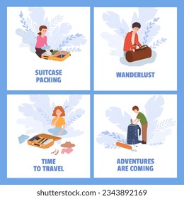 People packing suitcases and getting ready for trip, square posters set, flat vector illustration. Summer vacation preparation. Camping backpack packing.