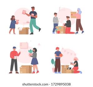 People Packing or Unpacking Belongings in Cardboard Boxes Preparing for Relocation Set, Families Moving to Another Home Vector Illustration