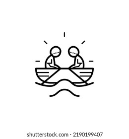 People paddle boat on the ocean water waves icon line art outline vector illustration logo design