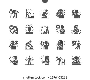 People in pain. Emotional and physical pain. Sadness, confused thoughts and cry. Backache, heart pain, headache, earache, bone fracture. Vector Solid Icons. Simple Pictogram