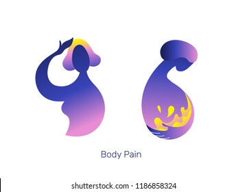 People with pain headache,hea storm cloud and clear sky.Mindfulness and stress management in psychology, vector logo illustration. Simple and modern line icon.Stomachache.Body aches