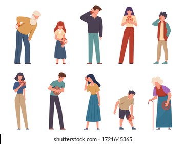 People with pain. Men and women suffering pain different body parts, headache and sore shoulder, throat and injury knee vector isolated characters