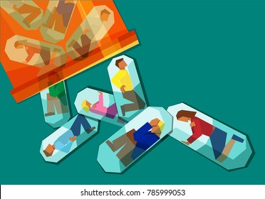 people in pain trapped inside pill capsules that are being emptied from a pill bottle - prescription pain medication addiction concept