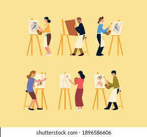 people in paint class with easel canvas brush and paint color