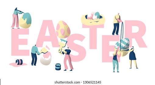 People Paint Colorful Easter Egg Typography Poster. Spring Festive Invitation Template. Elegant Greeting Card for Holiday Party. Advertising Horizontal Banner Design Flat Cartoon Vector Illustration