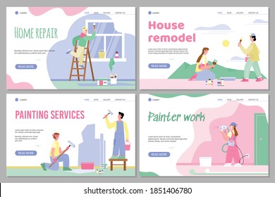 People painters performing paint walls indoors. Service work for painting repair in house, apartment. Construction, remodel or renovation of housing. Set of landing page templates.