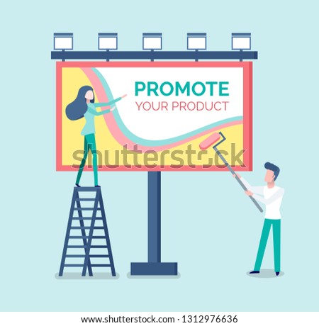 People painting advertisement on billboard vector. Man and woman standing on ladder and using tools, placement of adverts, advertising and promotion