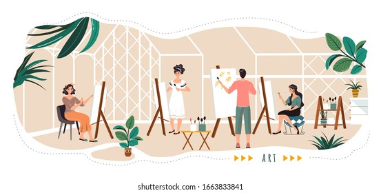 People painting in art studio, cartoon characters, vector illustration. Creative workspace for artists, painting class, easel with canvas, abstract art therapy. Men and women in studio, artist group