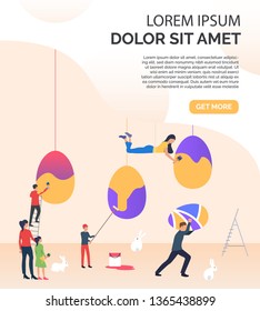 People painting big Easter eggs, sample text. Celebration, decoration, traditional. Presentation slide template. Can be used for topics like Easter, holiday, spring