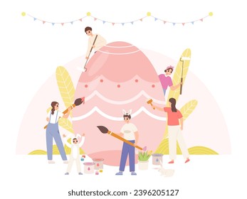 People painting easter egg together. Draw spring holidays symbol, family or friends prepare to easter celebrating. Snugly festive vector scene