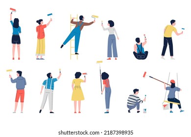 People painting on wall with paint, home renovation and decoration women and men. Professional workers with brush, painters recent vector characters