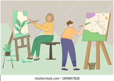People painting with palette and brush vector illustration. Woman painting an abstract picture. Isolated flat vector illustration