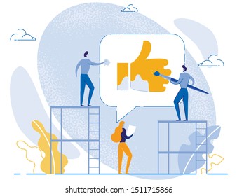 People Painting Social Media Like Sign Cartoon. Men and Women Characters Working on Positive Customer Feedback. Internet Marketing, Digital Targeting. Online Media Network. Vector Flat Illustration