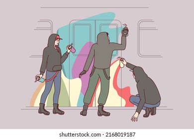 People painting subway train with graffiti. Vandals drawing subculture art with aerosol paints on train. Vandalism and sabotage concept. Vector illustration. 