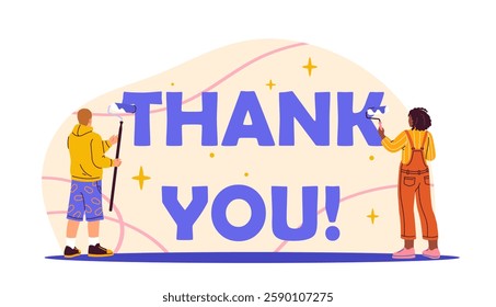 People painting THANK YOU text, flat style, on a light background, concept of gratitude. Vector illustration