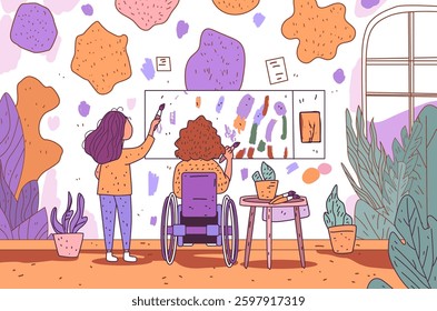 People painting together creativity art scene colorful abstract shapes plants wheelchair indoor setting