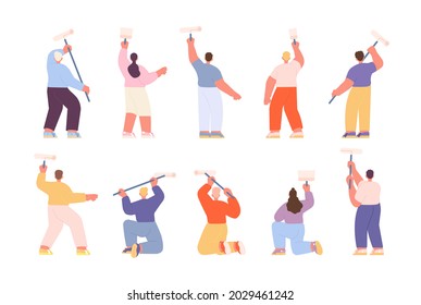 People painting wall. Man woman painter, group professional home repair. Girl and boy with roller or brush, house renovation utter vector characters