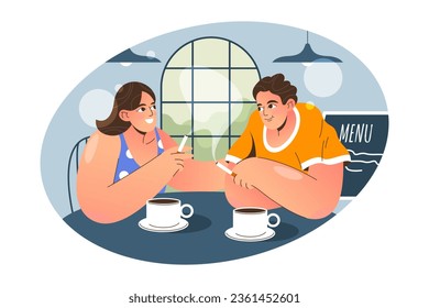 Die Leute stellen sich im Café das Rauchen und das Trinken von Kaffee ein. Vektorflach Mann und Frau rauchen in der Cafeteria. Raucher, die im Restaurant reden. Charaktere an der Bar mit Zigarette. Nikotin- und Tabakabhängigkeit