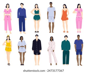 Personas en pijama. Personajes de dibujos animados en ropa de noche, lindo hombre y mujer en pijama, pareja en ropa de cama que se divierten juntos. conjunto aislado de Vector