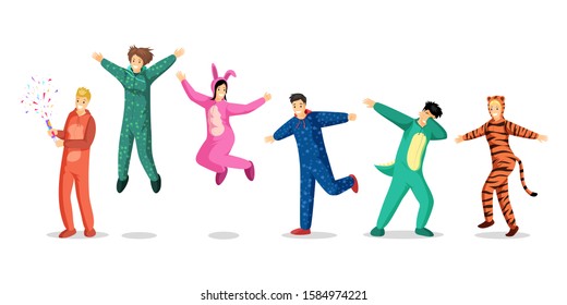 People In Pajamas Vector Illustrations Set. Happy Teenage Girls And Boys In Colorful Costumes, Children In Funny Pyjamas Cartoon Characters. Slumber Party, Overnight Stay, Sleepover Design Elements