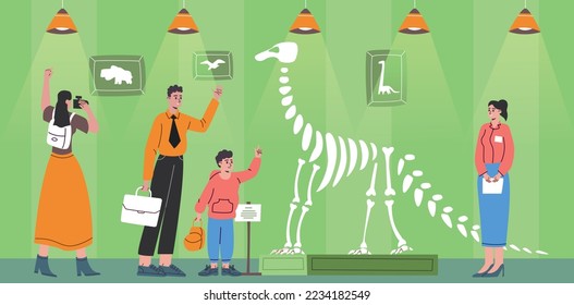 People at paleontology exhibition. Parents show dinosaur skeleton to children in museum. Family tour. Ancient showpiece. Persons look at bones. Visitor posing for photo