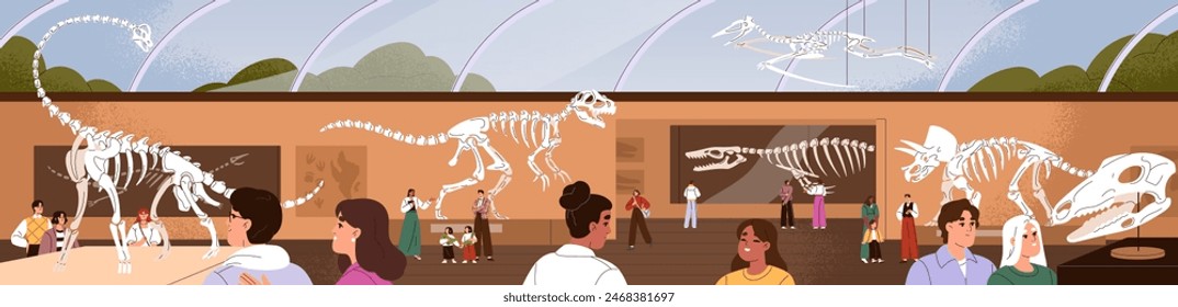 People are in paleontology museum. Archaeological display of extinct animals. Exposition of dino bones, dinosaur skeletons, skulls. Trip of ancient remains, fossil discovery. Flat vector illustration.