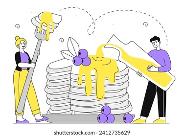 People with pancakes linear. Man and woman near homemade pastry and bakery. Healthy eating for traditional morning breakfast with blueberries and butter. Doodle flat vector illustration