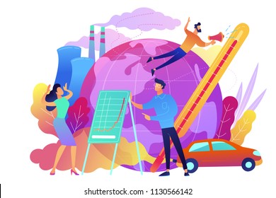 People in panic to announce global heating data. Globe with power plant and traffic fumes as a symbol of environment pollution, global heating impact. Violet palette. Vector illustration on background