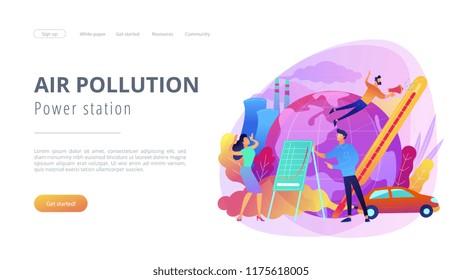 People in panic to announce global heating data. Power station air pollution landing page. Globe with power plant and traffic fumes, global heating. Violet palette.Vector illustration on background