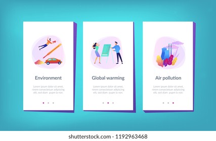 People in panic to announce global heating data. Globe with power plant and traffic fumes as a symbol of environment pollution, global heating impact. Mobile UI UX GUI template, app interface.
