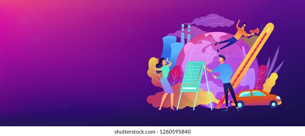 People in panic to announce global heating data. Globe with power plant and traffic fumes as a symbol of environment pollution, global heating impact. Header or Footer banner template, copy space.