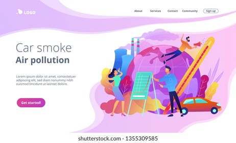 People in panic to announce global heating data. Car smoke air pollution landing page. Globe with power plant, traffic fumes, global heating impact. Violet palette. Vector illustration on background