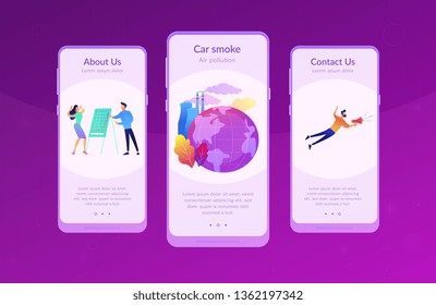 People in panic to announce global heating data. Globe with power plant and traffic fumes as a symbol of environment pollution, global heating impact. Mobile UI UX GUI template, app interface.