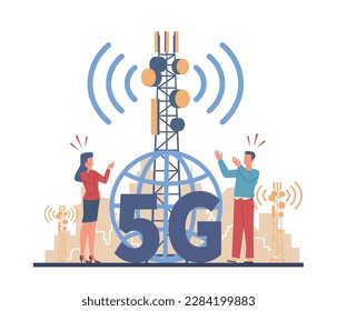 People panic, fear for their health because of radiation from cellular 5g, network towers. Conspiracy theory. dangerous broadcasting tower. Cartoon flat isolated illustration. Vector concept