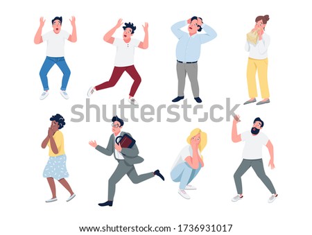 People in panic flat color vector detailed characters set. Men and women with panic attack isolated cartoon illustrations on white background. Mass hysteria, stressful situation. Social anxiety, fear