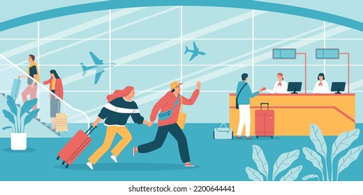 People in panic running along airport with luggage being late for their flight flat vector illustration