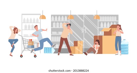 People panic in shop vector flat illustration. Frightened men and women crying, hiding, and running from the dangerous situation. Customers shopping hysteria in supermarket concept.