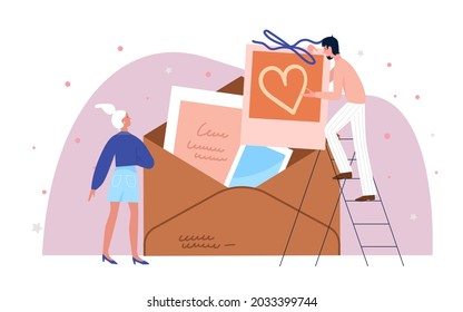 People with paper letter envelope, post mail vector illustration. Cartoon tiny man woman characters put vintage postcard with heart to big envelope, creative Valentine day concept isolated on white