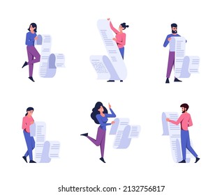 People with papers. Checklists business documents persons subscribe contracts partnership characters enterpreneurs garish vector templates in flat style