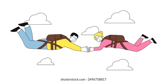 People with parachute jump. Man and woman flying in sky with parachutes. Skydiver and paratroopers team. Active lifestyle and extreme sports. Linear vector illustration isolated on white background