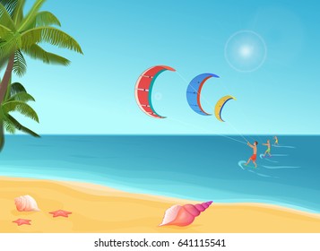 People with parachutes kiteboarding in sea.