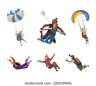 People Parachutist Streamer Free-falling in the Air with Parachute Bag Vector Illustration Set