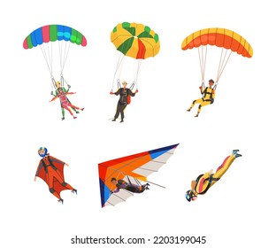 People Parachutist Streamer Free-falling in the Air with Parachute Bag Vector Illustration Set
