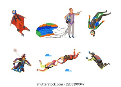 People Parachutist Streamer Free-falling in the Air with Parachute Bag Vector Illustration Set