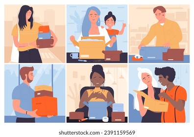 People with parcels from post office set vector illustration. Cartoon happy male and female characters carry packages, family or friends open box with gifts, receive and unwrap online store orders