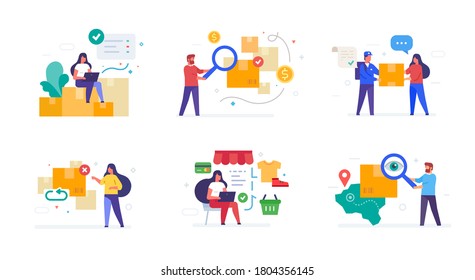 people and parcels set of icons, illustration. Smartphones tablets user interface online shopping. Flat illustration Icons infographics. Landing page site print poster. Eps vector.