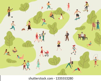 People Park. Active Walk Outdoors Woman Man Girl Children Picnic Sport Talking Community Character Leisure Lunch In Park Flat Illustration